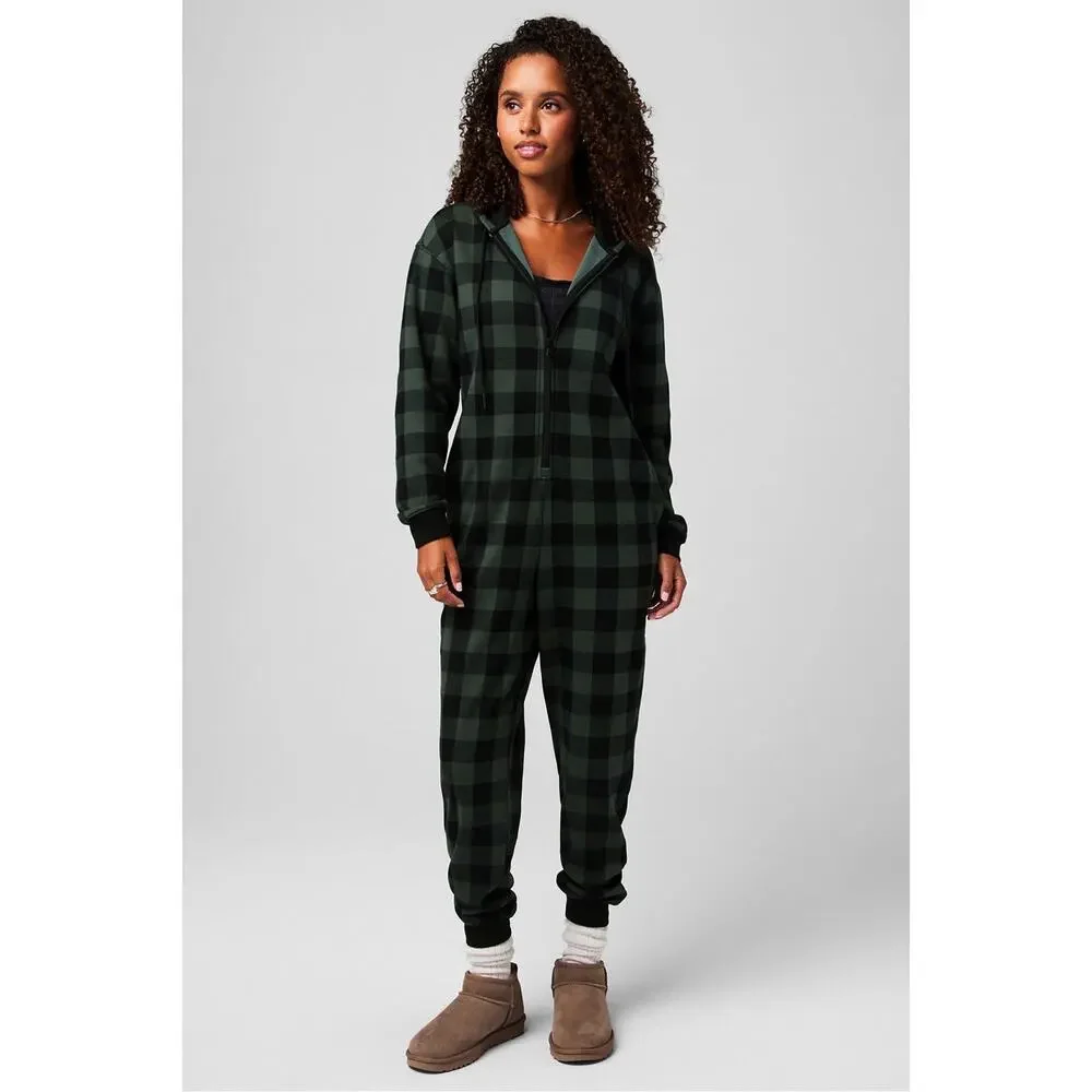 Fabletics Fleece Hooded Onesie One Piece Pajama, Green Black Womens Sz M